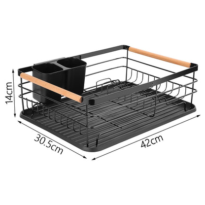 KingSaid Dish Drainer Black Matt Metal Dish Rack for Sink with Cutlery Holder and Plastic Drip Tray, Stainless Steel Dish Rack for Sink (42 x 32.5 x 14 cm)