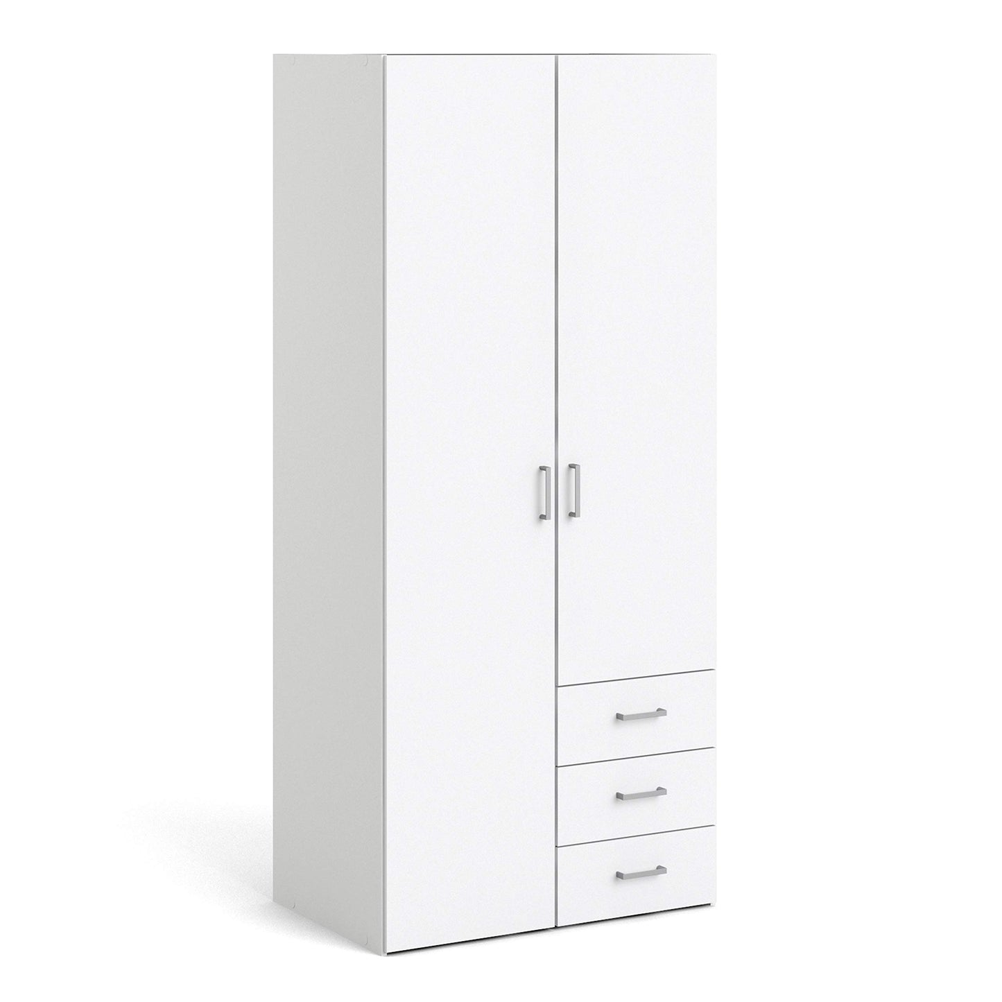 Space Wardrobe with 2 Doors and 3 Drawers in White, Wood Armoire with Hanging Rail and Shelves, Large Bedroom Storage Cabinet, Combination Closet
