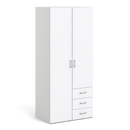 Space Wardrobe with 2 Doors and 3 Drawers in White, Wood Armoire with Hanging Rail and Shelves, Large Bedroom Storage Cabinet, Combination Closet