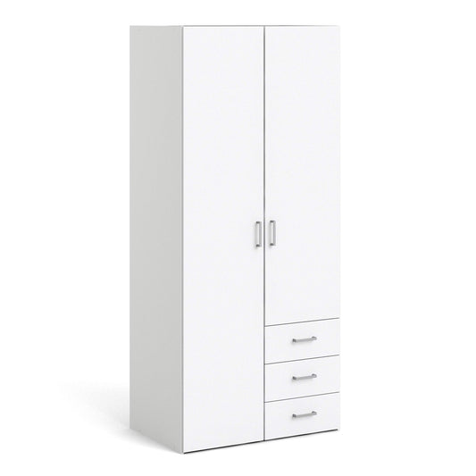 Space Wardrobe with 2 Doors and 3 Drawers in White, Wood Armoire with Hanging Rail and Shelves, Large Bedroom Storage Cabinet, Combination Closet