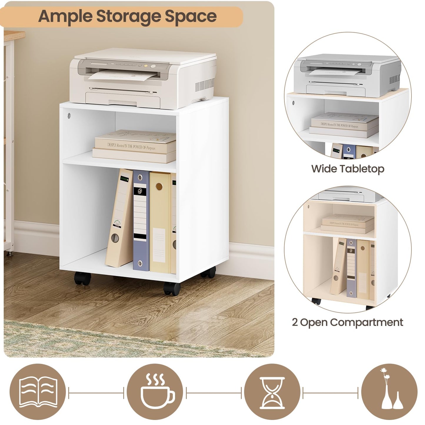 Printer Stand with Wheels in White, Mobile Office Cabinet with 2 Compartments, Engineered Wood Under-Desk Stand with Brakes, 40x35x55cm, Versatile Storage Trolley
