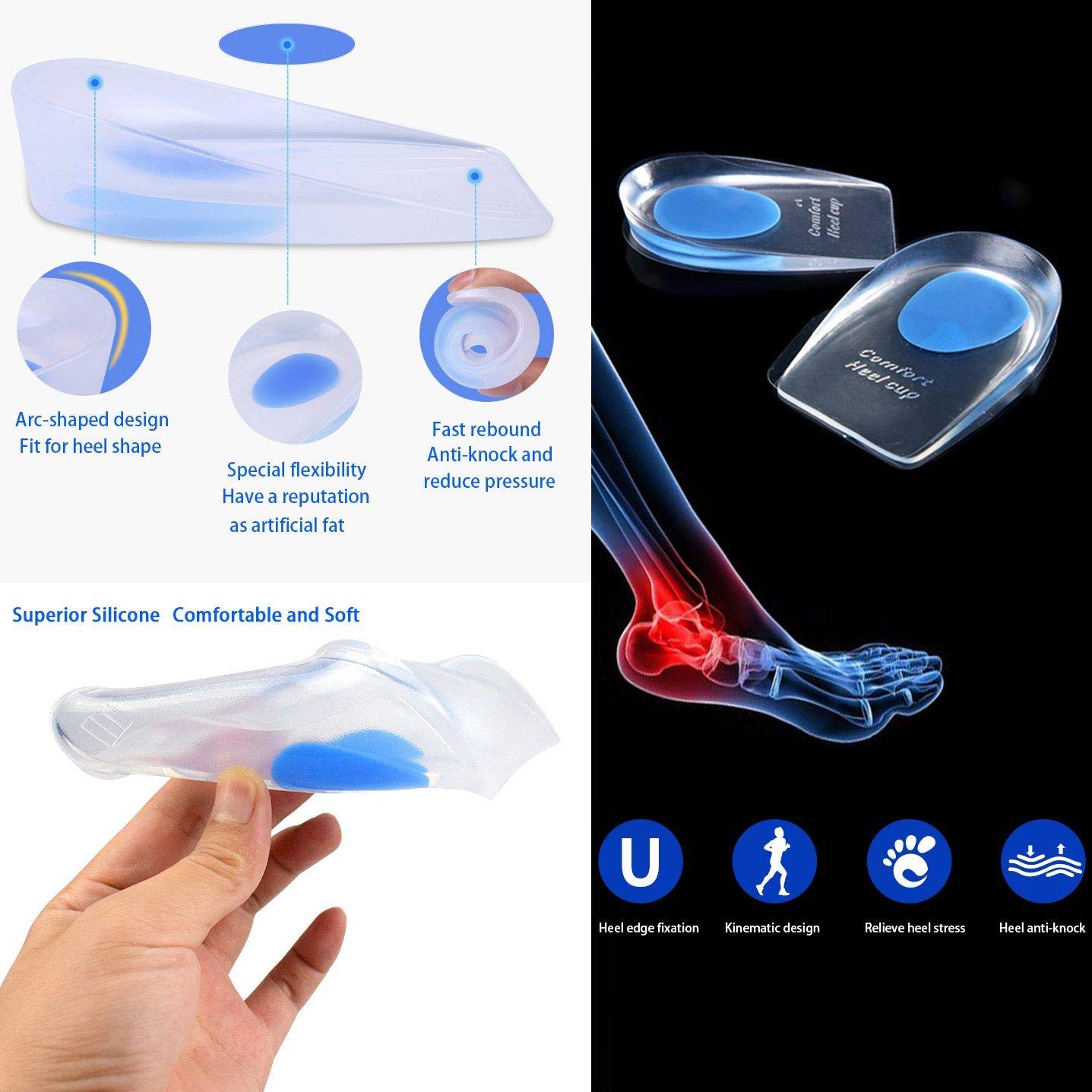 2Pair Silicone Gel Heel Cups - Shoe Inserts for Plantar Fasciitis Sore Heel Pain Bone Spur & Achilles Pain - Pad & Shock Absorbing Support UK Men's 6-11, One Size