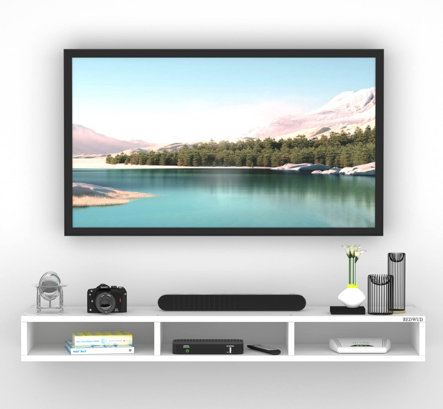 WalLMount TV Entertainment Unit, a sleek Floating Cabinet with Set Top Box Holder Shelf, ideaLfor TVs up to 101.6 cm, presented in a crisp and contemporary White finish
