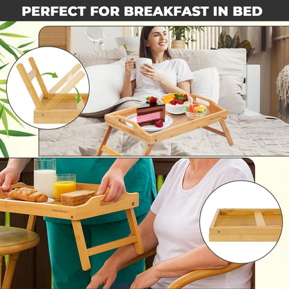 Mantraraj Wooden Bamboo Food Serving TV Tray with Handles Portble and Folding Legs Dinner Breakfast Lap Table Mat for Sofa and Bed - 50x30cm