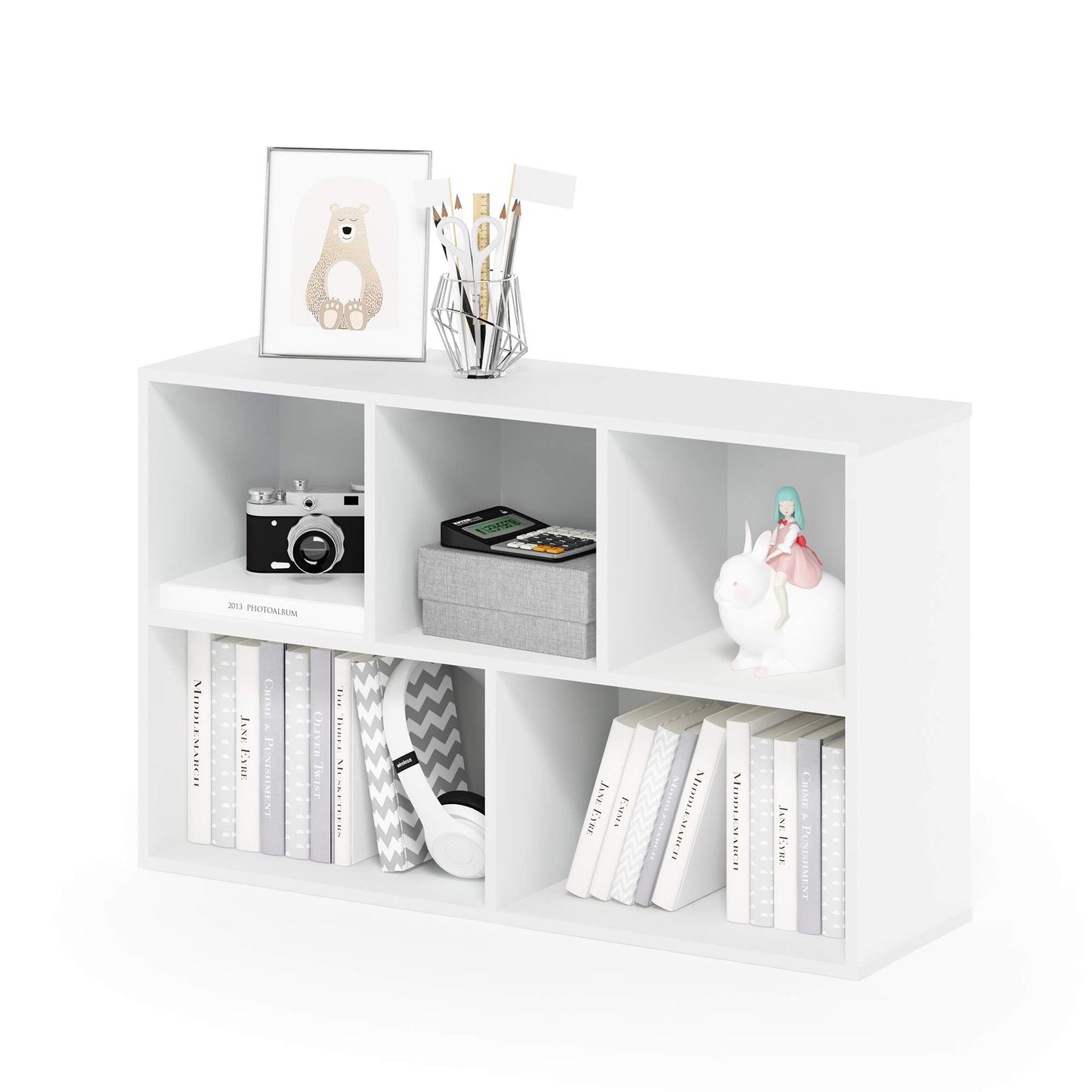 5-Tier Narrow Vertical Wall Unit, Tall Column Floating Storage Organizer and Utility Shelf for Bedroom or Living Room, Space-Saving Design in a White Laminate Finish