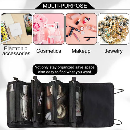 M MUNCASO Hanging Roll-Up Makeup Bag, 4-in-1 Foldable Toiletry Bag for Travel, Removable Storage Bags, Travel Cosmetic Organizer Bag for Women/Men, Black-2