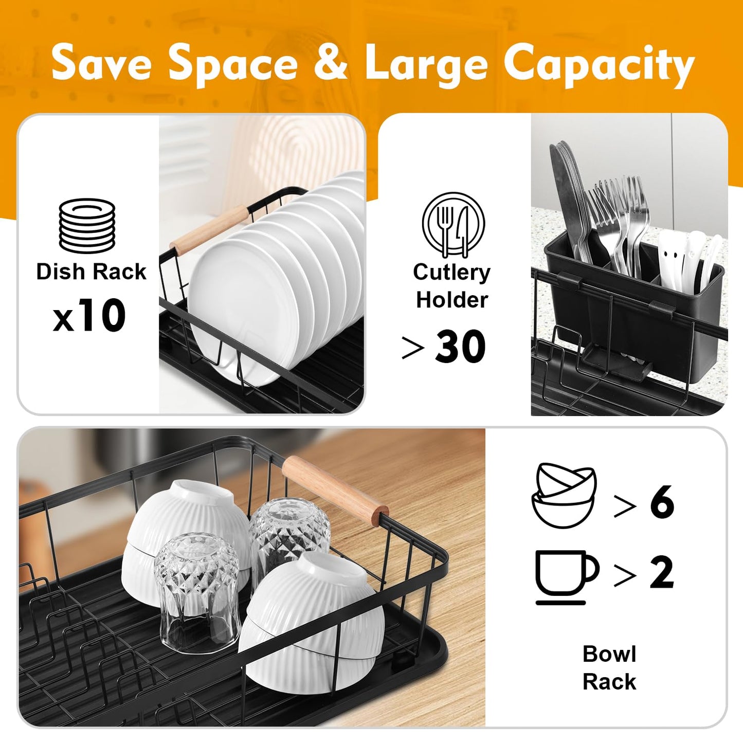 DPWEION Dish Drainer Rack for Kitchen-Metal Dishes Drying Rack with Drip Tray/Cutlery Holder/Wooden Handles-Draining Board Racks(43x31x12cm,Black)