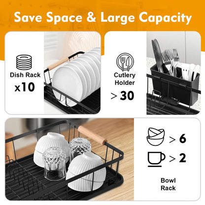 DPWEION Dish Drainer Rack for Kitchen-Metal Dishes Drying Rack with Drip Tray/Cutlery Holder/Wooden Handles-Draining Board Racks(43x31x12cm,Black)