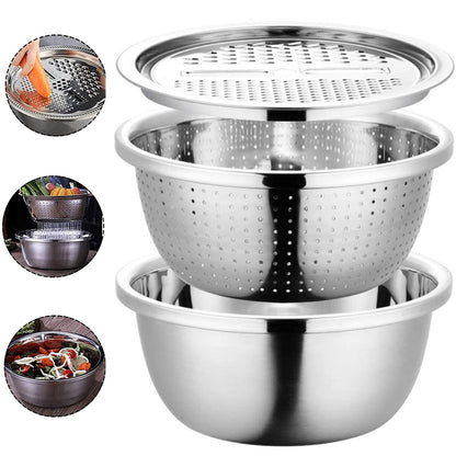 PREMIFY 3 in 1 Stainless Steel Grater Basin with Vegetable Chopper And Cheese Grater, Multifunctional Set Food Bowl/Colander/Vegetable Grater Mixing Bowl & Drainer, Rice Sieve Strainer