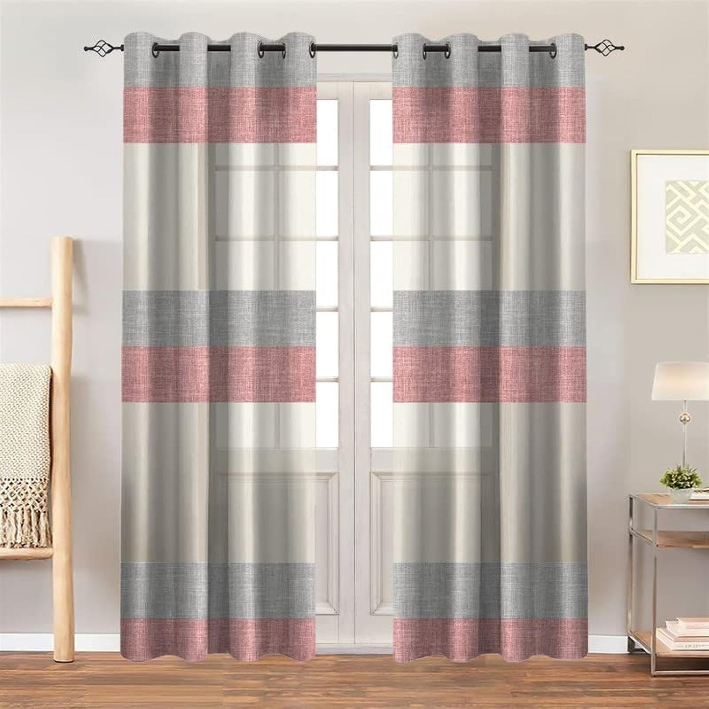 INtex Curtains Luxury Linen curtains - semi transparent crosswise stripped sheer - Steel grommets - 1 piece Brown x Café 200W X 265LCM