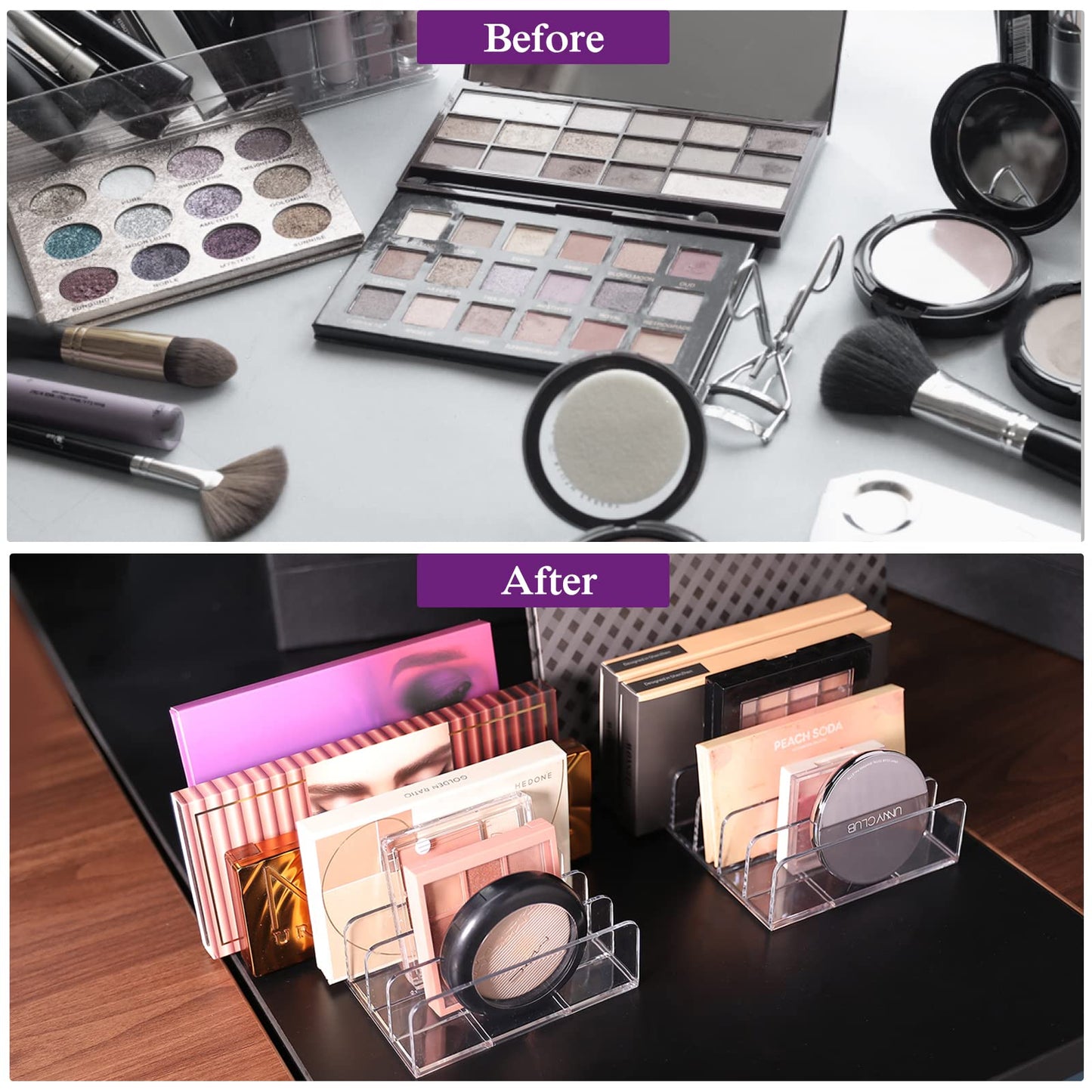 Eyeshadow Palette Organizer Set, 2-Piece Clear Plastic Makeup Holders with 7 Divided Sections, Acrylic Cosmetic Storage Rack for Eye Shadow Palettes, Vanity and Dresser Display Stand, Clear