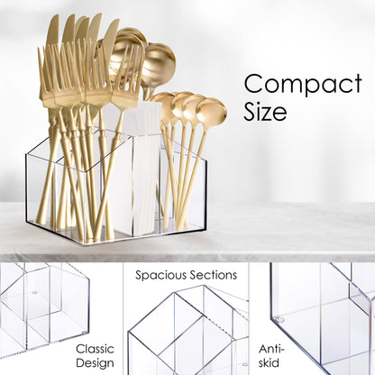 Acrylic Silverware Organizer, Clear Utensil Holder Caddy for Spoons, Forks, Knives, and Napkins, Countertop Flatware Organizer for Dining Table, Buffet, Kitchen, or Party Use, Clear