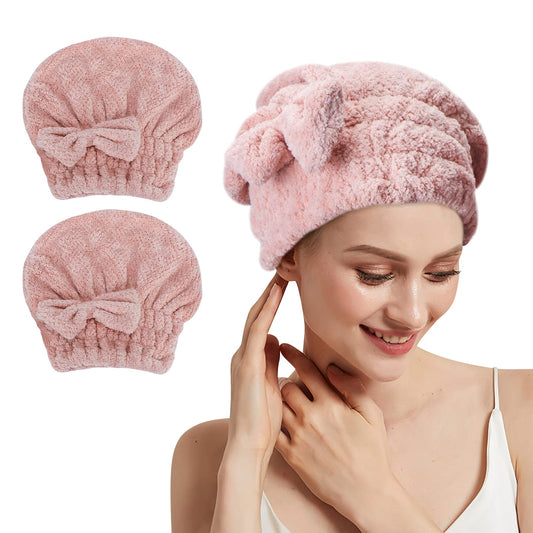 Classycoo Hair Towel Cap 2 Pack Hair Drying Towels Microfiber Hair Drying Caps for Women, Soft & Ultra Absorbent Shower Cap Fast Drying Hair Turban Wrap Towels for Curly Hair Wet Hair-Pink