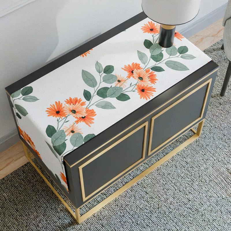 مفرش طاولة مخملي لومينا، قطعة مركزية مزخرفة فاخرة باللون الأبيض والبرتقالي والأخضر، 35×140 سم، بملمس فاخر وتصميم نابض بالحياة لرفع مستوى ديكور طاولة الطعام لديك.