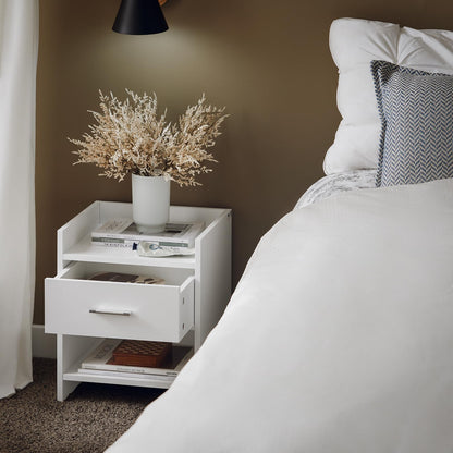 Bedside Table with 1 Drawer and 1 Niche in White, Compact Nightstand with Open and Closed Storage, Minimalist End Table for Bedroom, SmalLand FunctionaLSide Cabinet