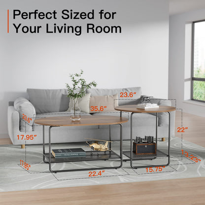 Coffee Table Set, 2-Tier Center Table with Open Shelf and Metal Frame, Modern Round Coffee Table for Living Room, Set of 2