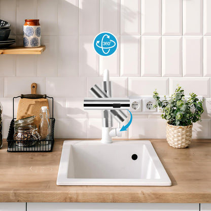 Waterfall Kitchen Faucet - 3-in-1 360° Rotation, 3-Function Spray Nozzle, Water Saving Tap for Sink (Silver)