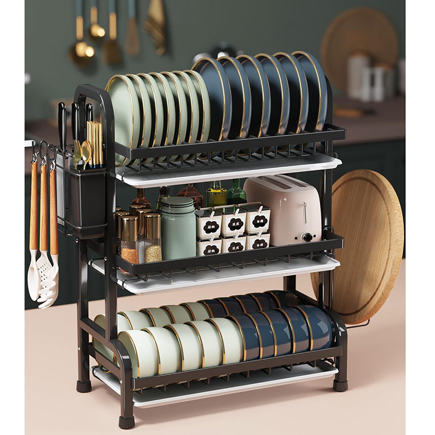 YARDIC 3 Tier Dish Drying Rack,Space Saving Stainless Steel Kitchen Dish Organizer,17 inch x 9.5 inch x 25 inch,Dish Holders for Plates for Drying,Cutting Board Rack,draining Rack,Dish Storage Rack