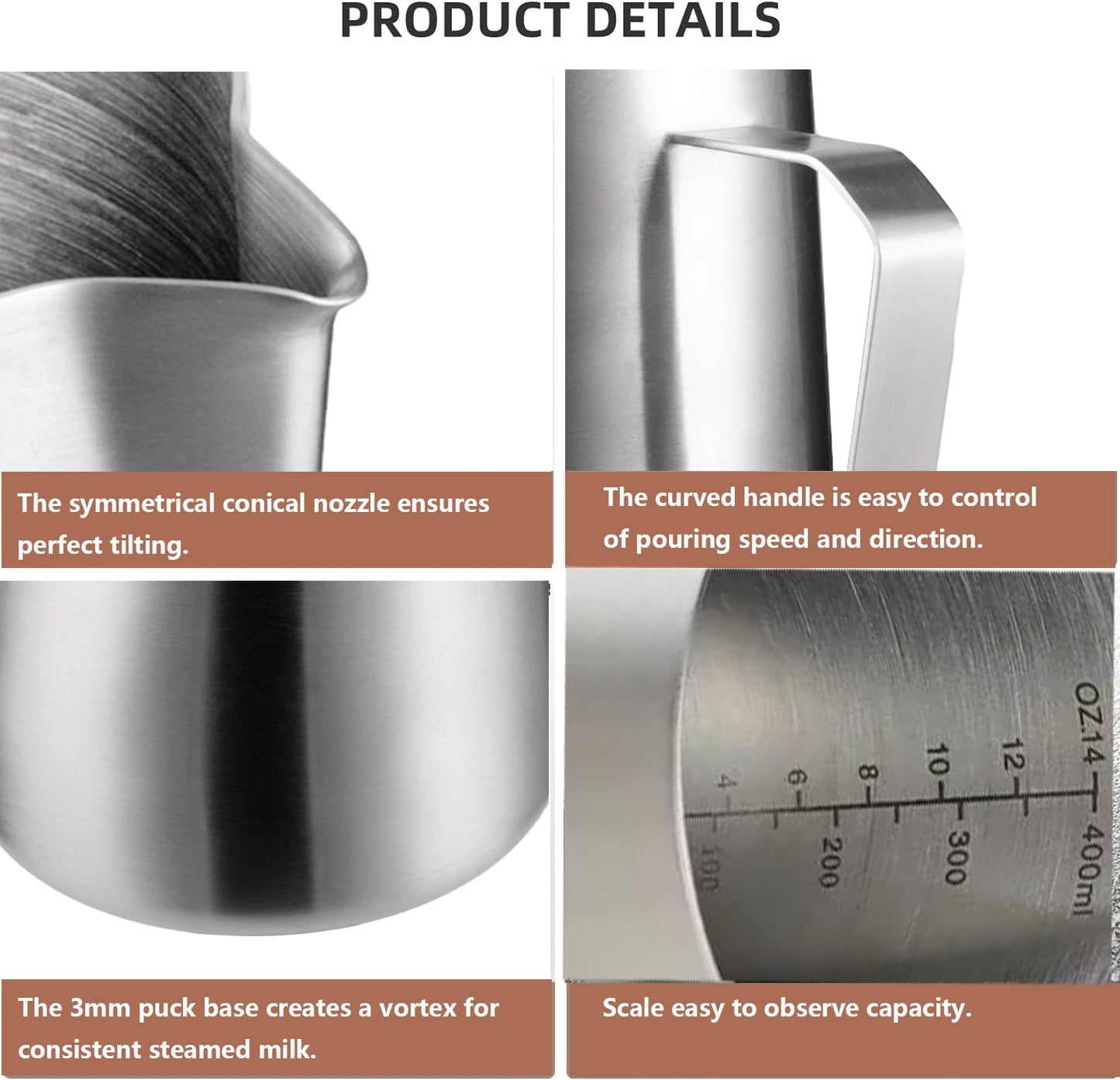 Worbic Milk Frothing Pitcher 12oz/350ml, Stainless Steel Milk Jug for Making Latte Art and Coffee Cappuccino,Latte Art Barista Steaming Pitcher Milk Frother Jug with Scale