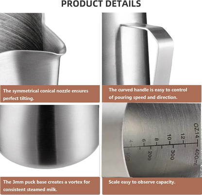 Worbic Milk Frothing Pitcher 12oz/350ml, Stainless Steel Milk Jug for Making Latte Art and Coffee Cappuccino,Latte Art Barista Steaming Pitcher Milk Frother Jug with Scale