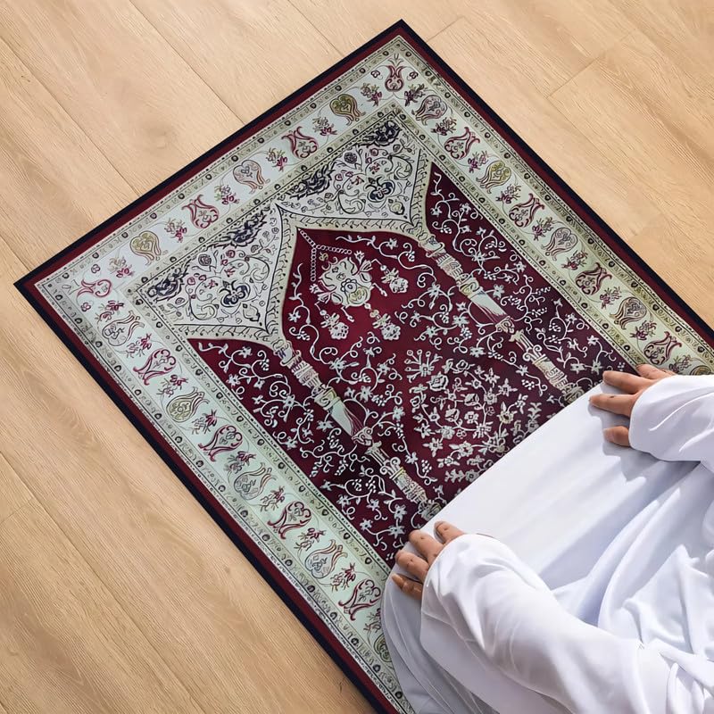 INtex Home Velvet Padded Prayer Rug, Multicolor Islamic Persian Design, Soft Printed Fabric with Anti-Slip Layer, Comfortable and Cushioned, 70x110 cm