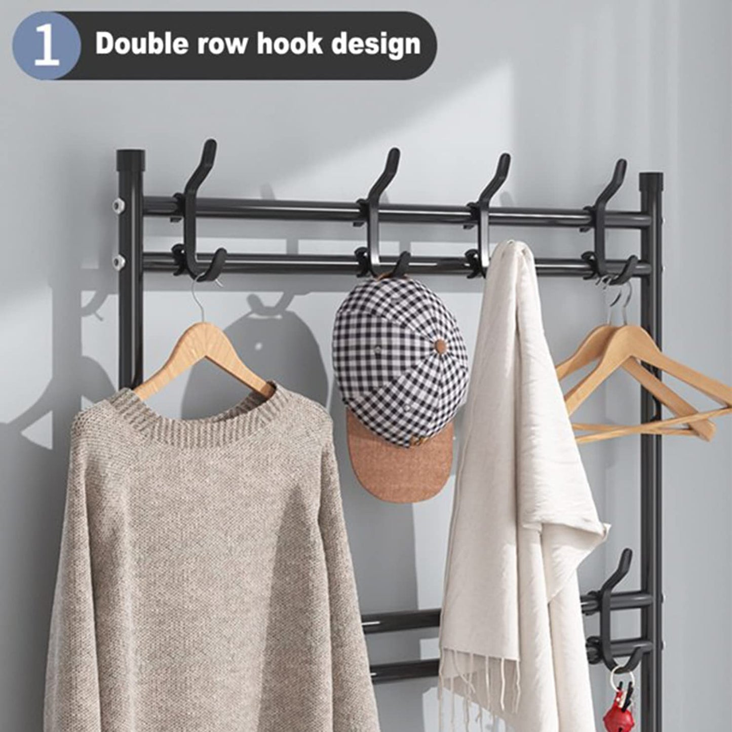 LEOPAX Bench Coat Rack with Shoe Storage, Multifunctional Cloth Stand with Shoe Shelf Organizer with 5-Tier and 8 Hooks for Bedroom, Hallway, Entryway - Size 58 x 23 x 170cm - Metallic Black