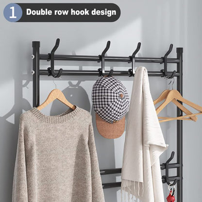 LEOPAX Bench Coat Rack with Shoe Storage, Multifunctional Cloth Stand with Shoe Shelf Organizer with 5-Tier and 8 Hooks for Bedroom, Hallway, Entryway - Size 58 x 23 x 170cm - Metallic Black