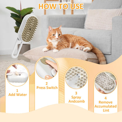 Necomi 3 in 1 Steam Cat Brush - Self Cleaning Massage Brush for Removing Static, Tangled and Loose Hair - Pet Hair Removal Comb for Cats and Dogs
