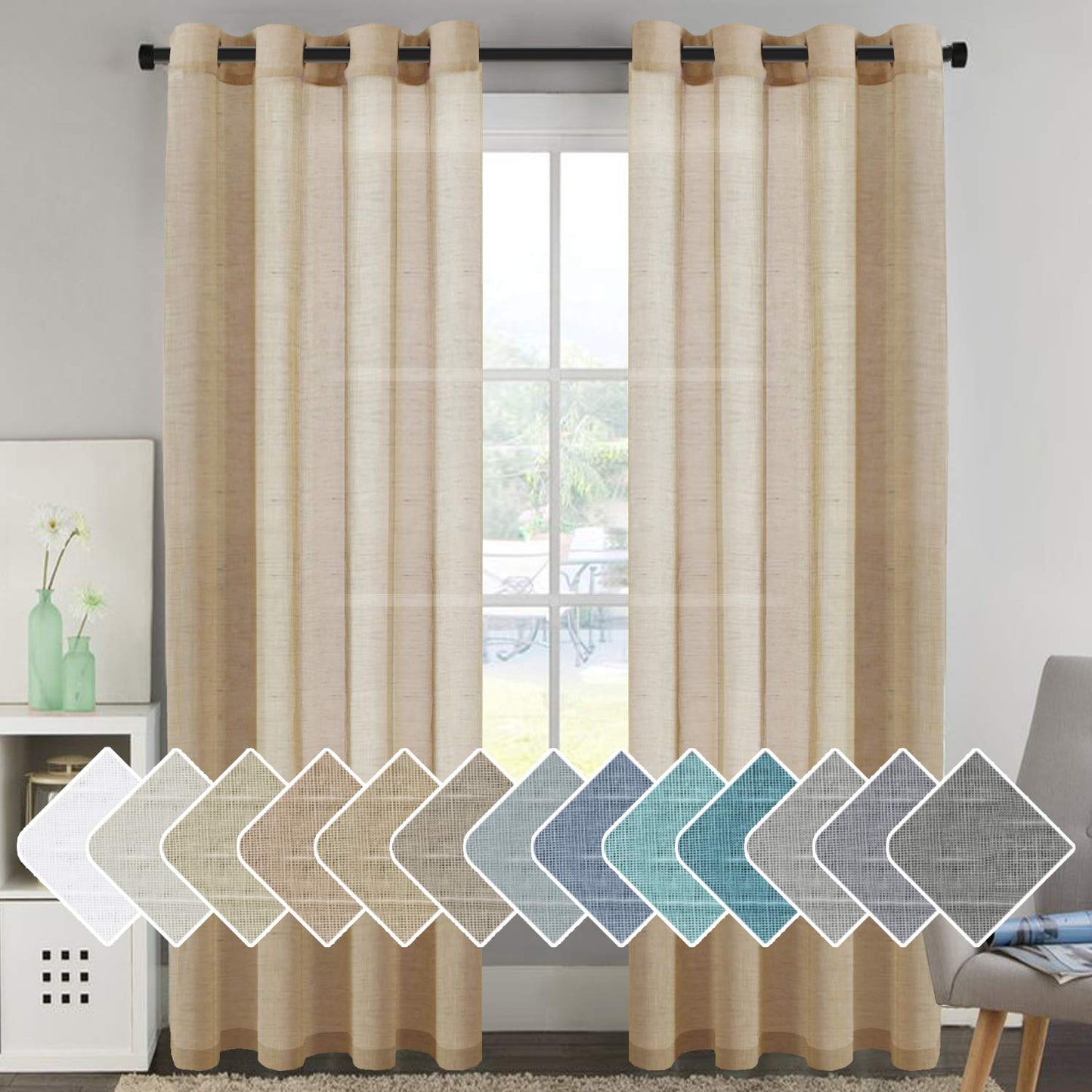 INtex Curtains Semi-Transparent Natural Linen Curtains with Elegant Sheer Fabric and Steel Grommets - 1 Piece 200W x 230L CM Dark gery