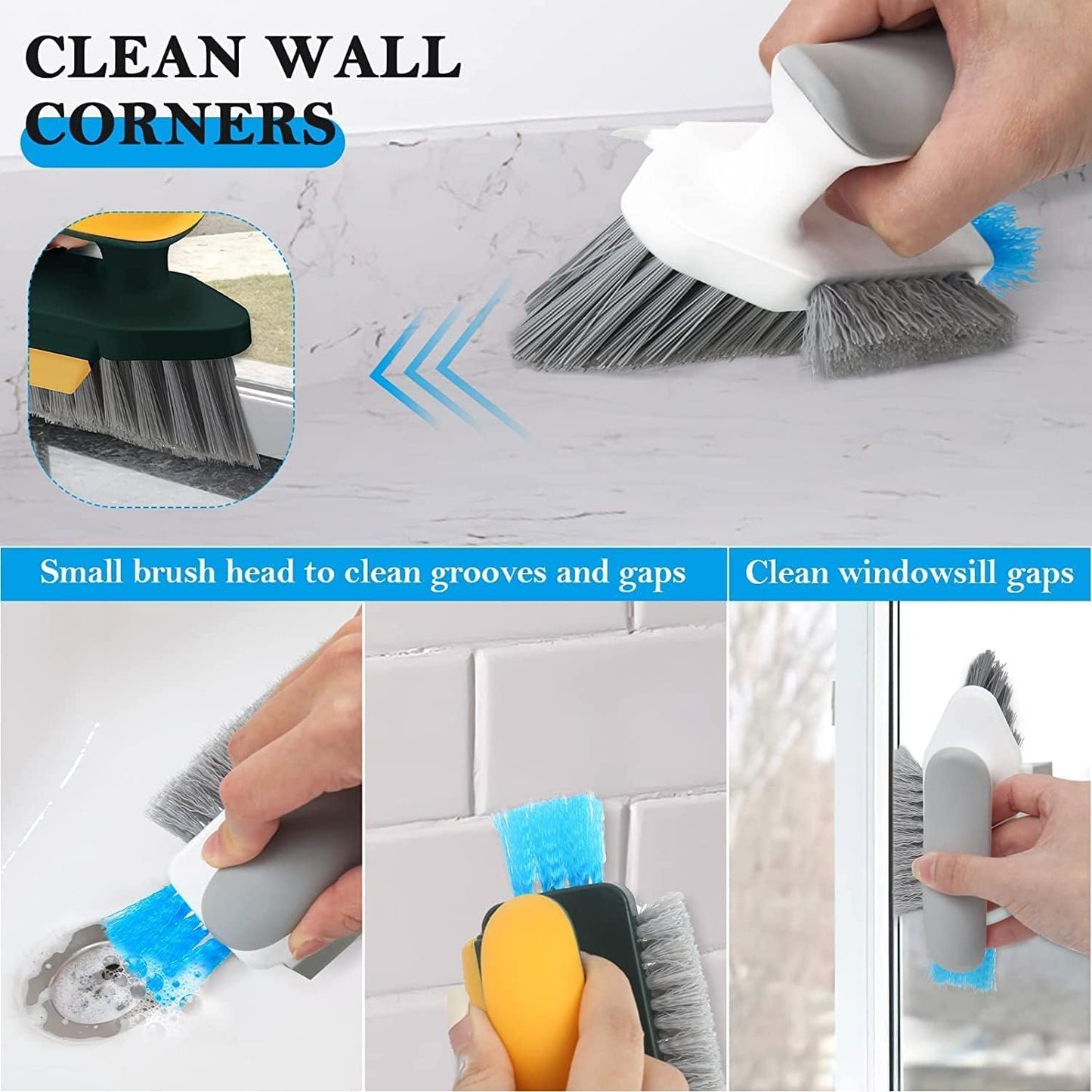 KRYLAR-Cleaning Brush with Squeegee Scrub Brush Crevice Cleaning Brush Tools, v-Shape Gap Brush Multifunctional scrubbing Floor Brush for Cleaning Corner,Window,Sink,Kitchen (4 in 1 Cleaning Brush)