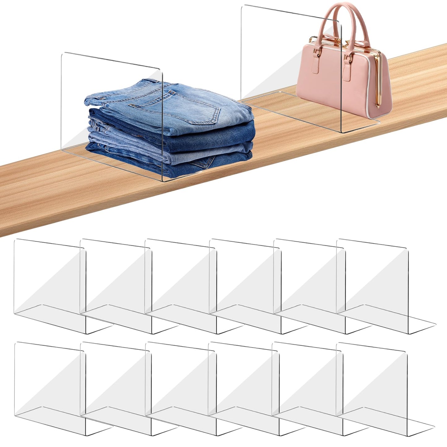 Clear Acrylic Shelf Dividers for Closet Organization 8 Pack, Heavy-Duty, Adjustable Separators for Clothing, Purses & Linens, for Bedroom & Wardrobe
