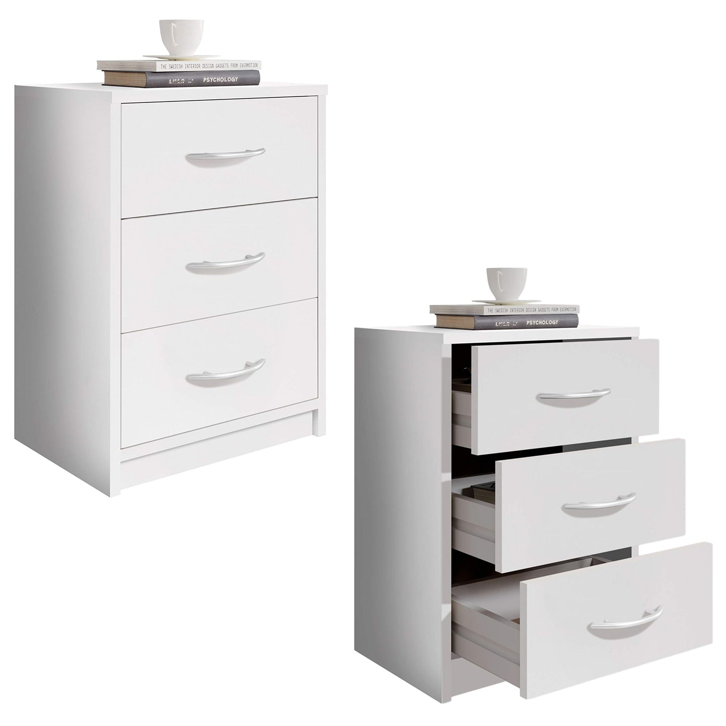 Bedside Table with Three Drawers, a Simple and spacious Bedside Cabinet for any Bedroom, W39 X H54 X D28 cm, presented in a Clean and Classic White Finish