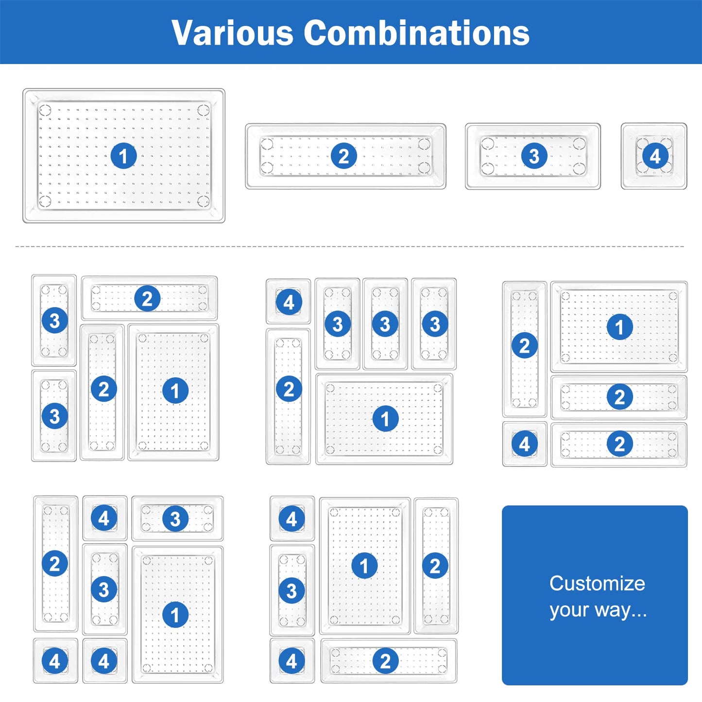 Puricon 25 Pcs Desk Drawer Organizers Trays Set Clear Plastic Storage Bins Bathroom Drawer Tray Dividers Vanity Trays Organizer for Bedroom Dresser Makeup Kitchen Utensil Office