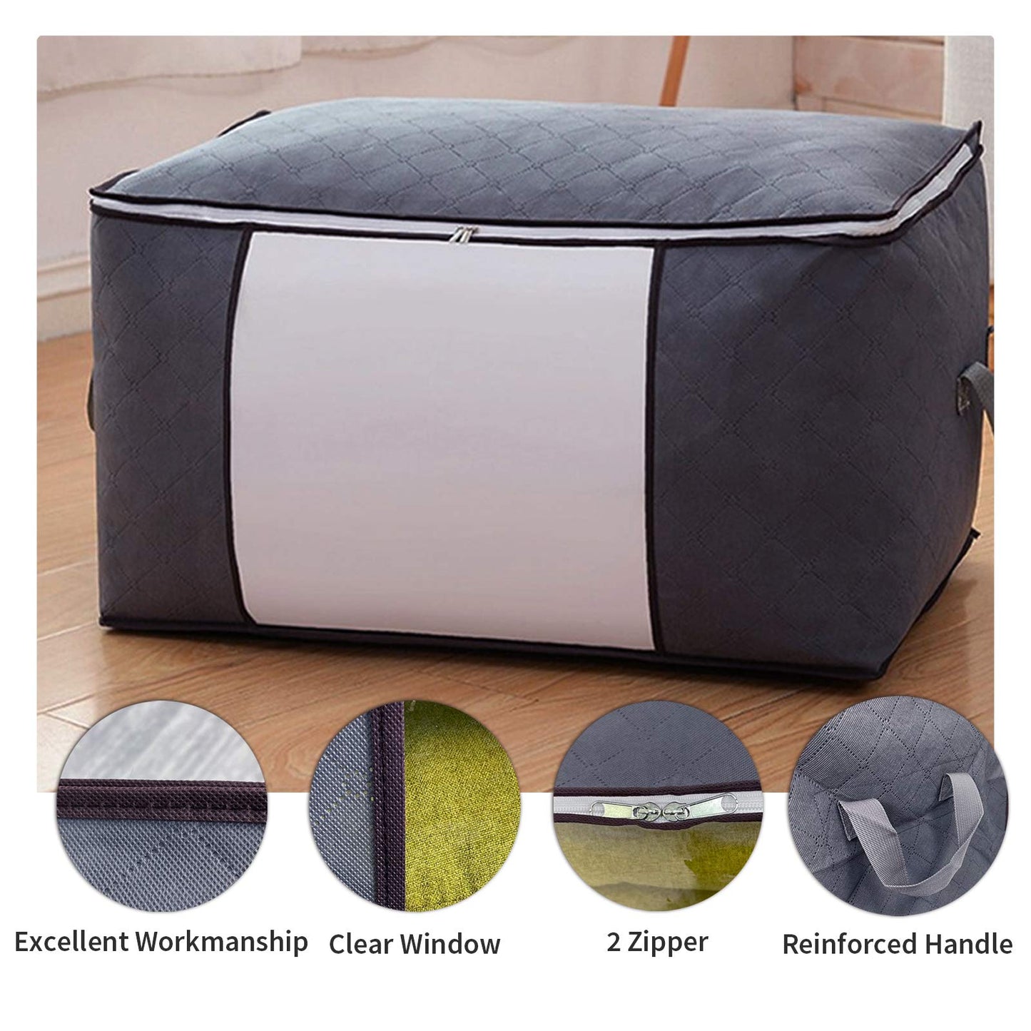 Protecu Large Clothing Storage Bins Box with Handles & Clear Window | Foldable Bedding Comforter Blanket Storage Bags with Zippers (Grey, 90L)