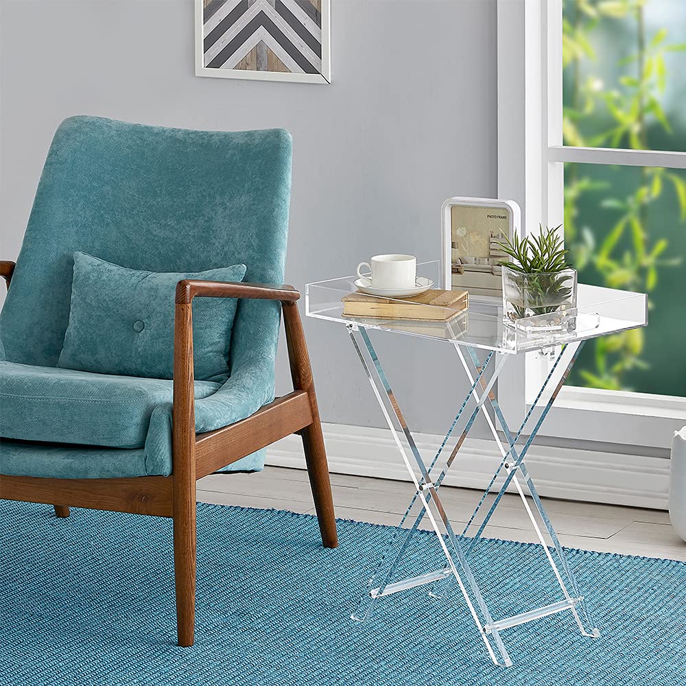 Acrylic Folding Tray Table, Modern Clear Side and End Table, Space-Saving Foldable Design, Perfect for Living Room, Bedroom, Office or Event Use, 48 x 33 cm Surface, 58 cm High, Clear