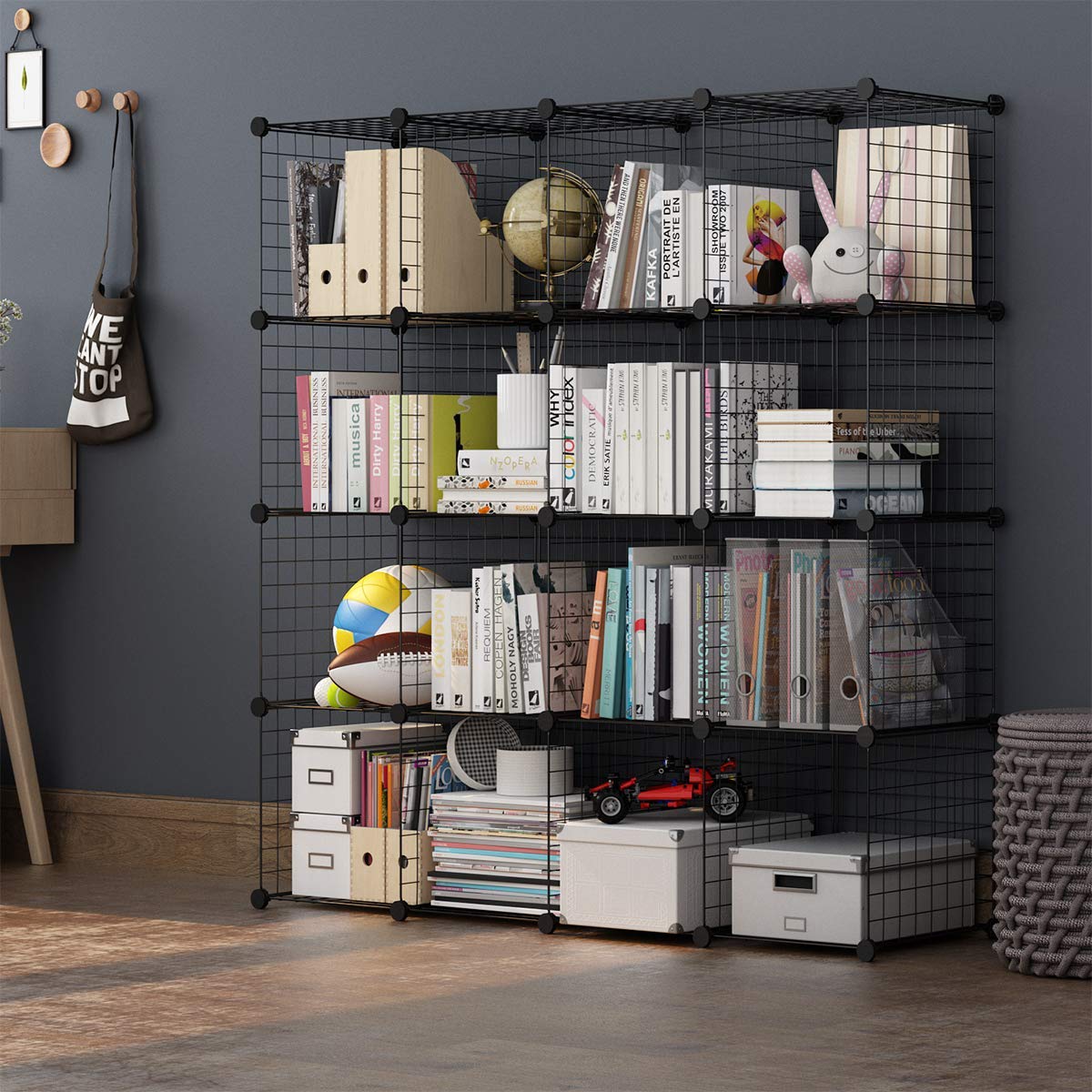 16-Cube DIY Wire Grid Bookcase, Multi Use Modular Storage Shelving Rack, Open Organizer Cabinet for Books, Toys, Clothes, Tools