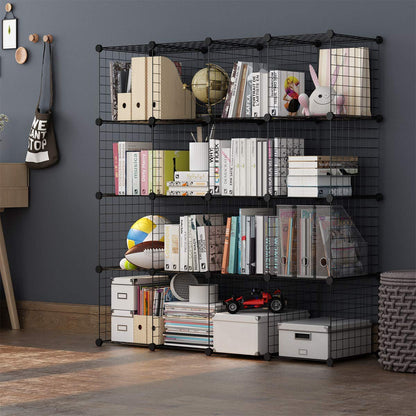 16-Cube DIY Wire Grid Bookcase, Multi Use Modular Storage Shelving Rack, Open Organizer Cabinet for Books, Toys, Clothes, Tools