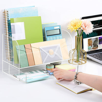 Large Clear Acrylic Desk Organizer and Mail Sorter, Multi-Slot Desktop File Holder with Integrated Drawer for Office and Home, Elegant Stationary Tray and Storage Solution