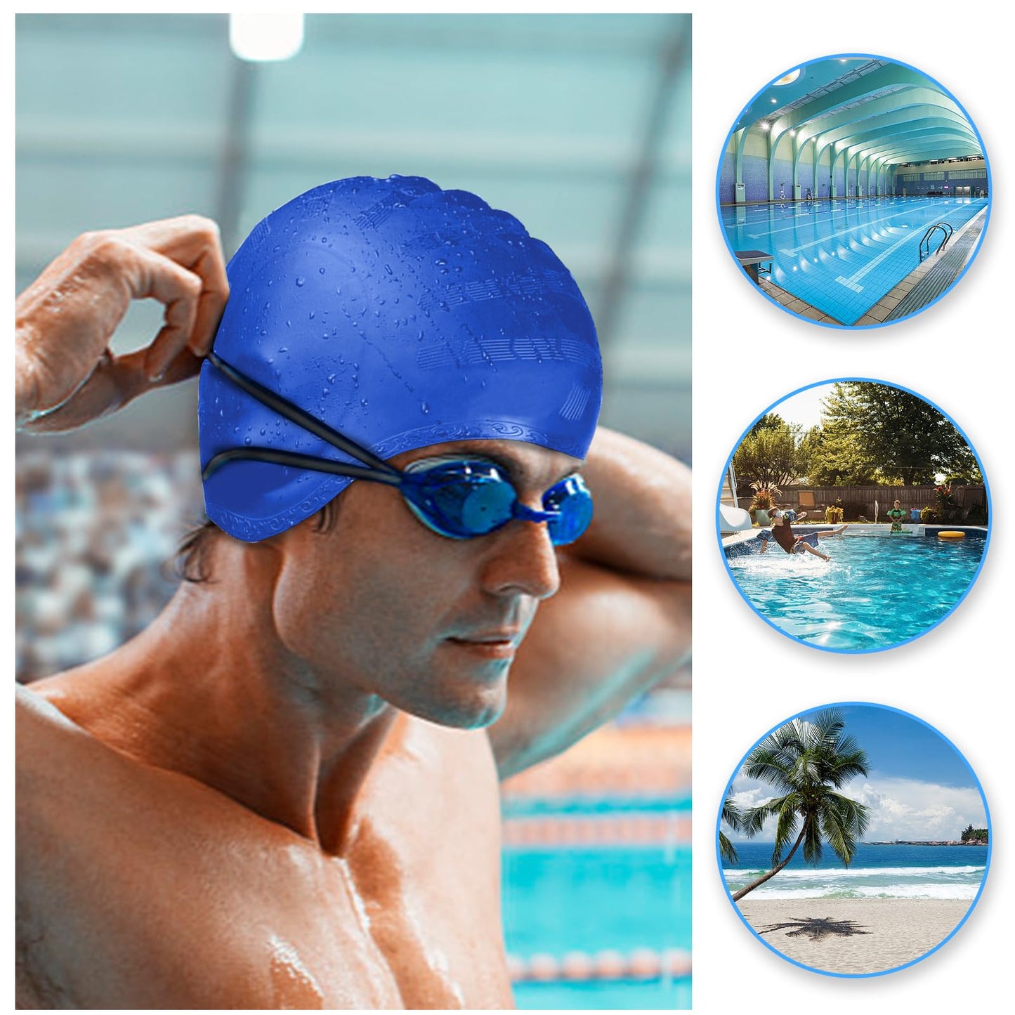 LEDEAK Swimming Pool Cap with 3D Ear Protection, Waterproof Silicone Swimming Cap, Swimming Cap for Men Women Long and Short Hair (Blue)