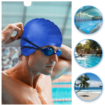 LEDEAK Swimming Pool Cap with 3D Ear Protection, Waterproof Silicone Swimming Cap, Swimming Cap for Men Women Long and Short Hair (Blue)