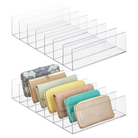 Clear Acrylic Divided Clutch Organizer, Closet Shelf Storage for Purses, Wallets, and Accessories, 7 Sections, 2-Pack