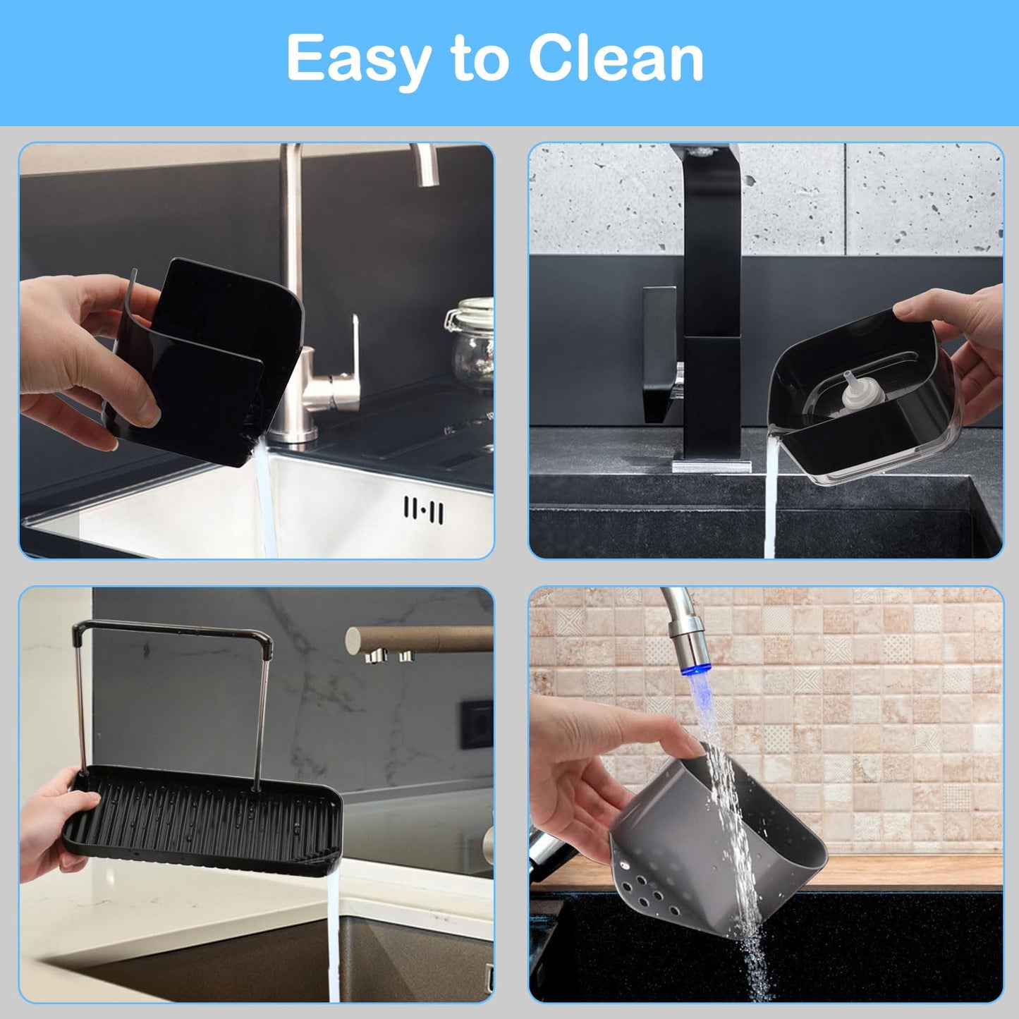 GINZER Black ABS Stainless Steel Kitchen Sink Organizer, 6-Compartment Caddy with Soap Dispenser, Sponge Holder, Dish Brush Rack, Drainer, Towel Holder