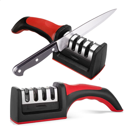Stainless Steel 4-in-1 Kitchen Knife Sharpener, Multi-Stage Blade Sharpening System for All Knives, Non-Slip Grip, Red and Black, 11.9 x 6.7 x 27 cm