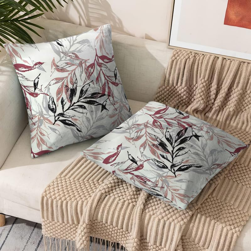 INtex CURTAINS HOUSE Printed Linen Velvet Cushion Covers, Throw Pillow Covers, Leaves Pattern Decorative Pillow Covers, Set of 2 Pieces Cafe x Brown 30W x 30L CM