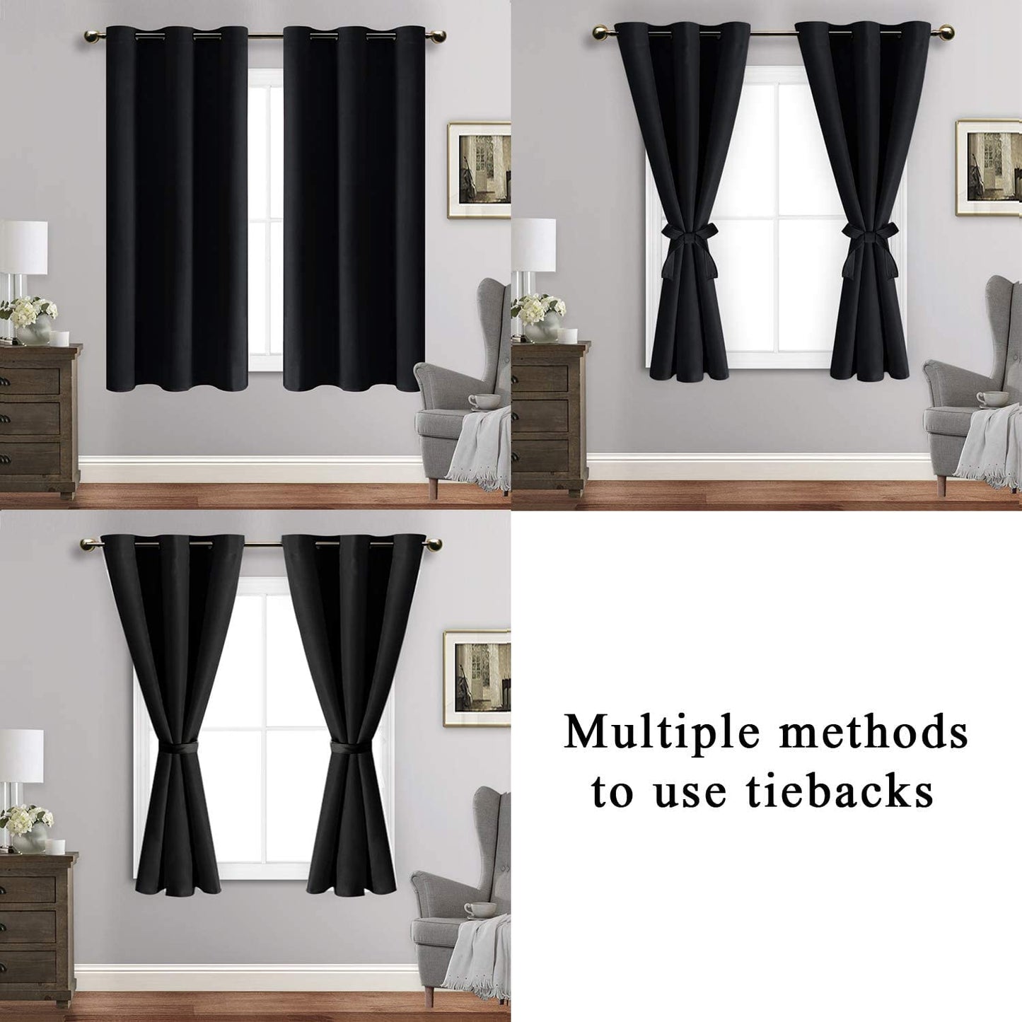 Blackout Curtains with Tiebacks - Thermal Insulated, Light Blocking and Noise Reducing Grommet Curtain Drapes for Bedroom and Living Room, Set of 2 Panels,