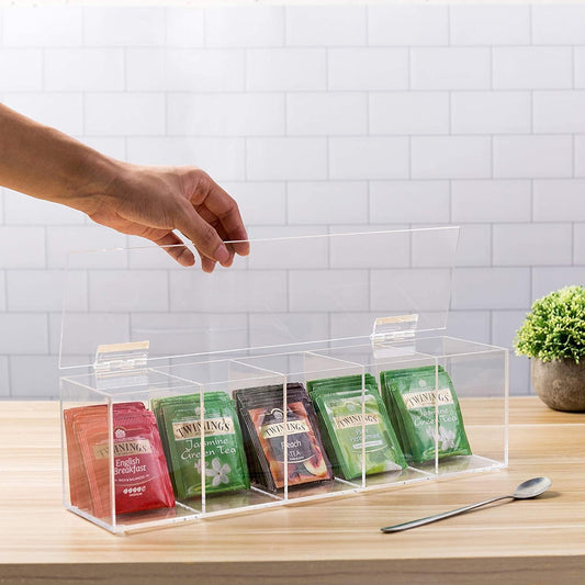 Clear Acrylic Tea Bag Organizer with Hinged Lid, 35 x 10 x 8 cm Storage Caddy with 5 Compartments, Countertop Box for Assorted Teas Condiments and Sugar Packets