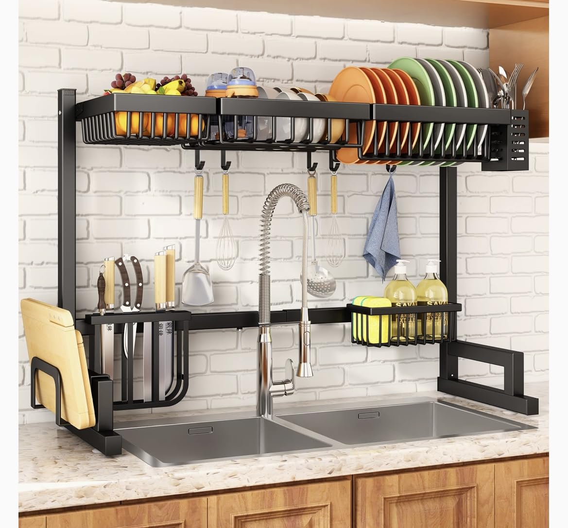 Dish Drying Rack Kitchen Sink Drain Storage Rack Stainless Steel Counter Organizer, Width Adjustable 2-layer Tableware Kitchen Storage (black)