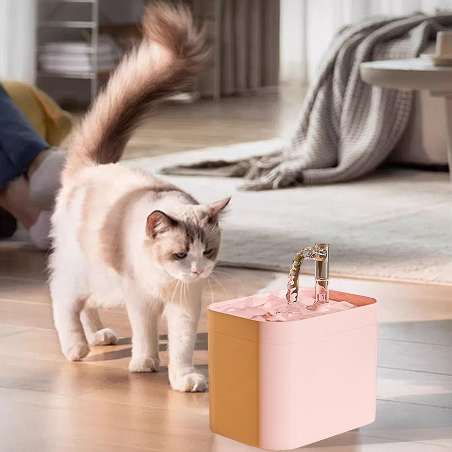 Water Fountain for Cats Without Electricity Stainless Steel Water Fountain with Motion Detector and Anti-Bacterial Water Filter