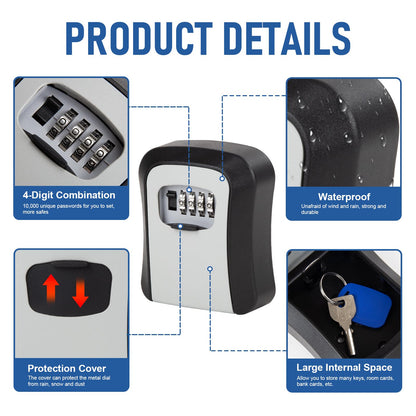Key Lock Box Wall Mounted, 4 Digit Combination Lockbox for Outside House Keys,Key Safe Security Storage Lock Box 5 Keys Large Capacity with Resettable Code for Indoor Outdoor Garage Weatherproof
