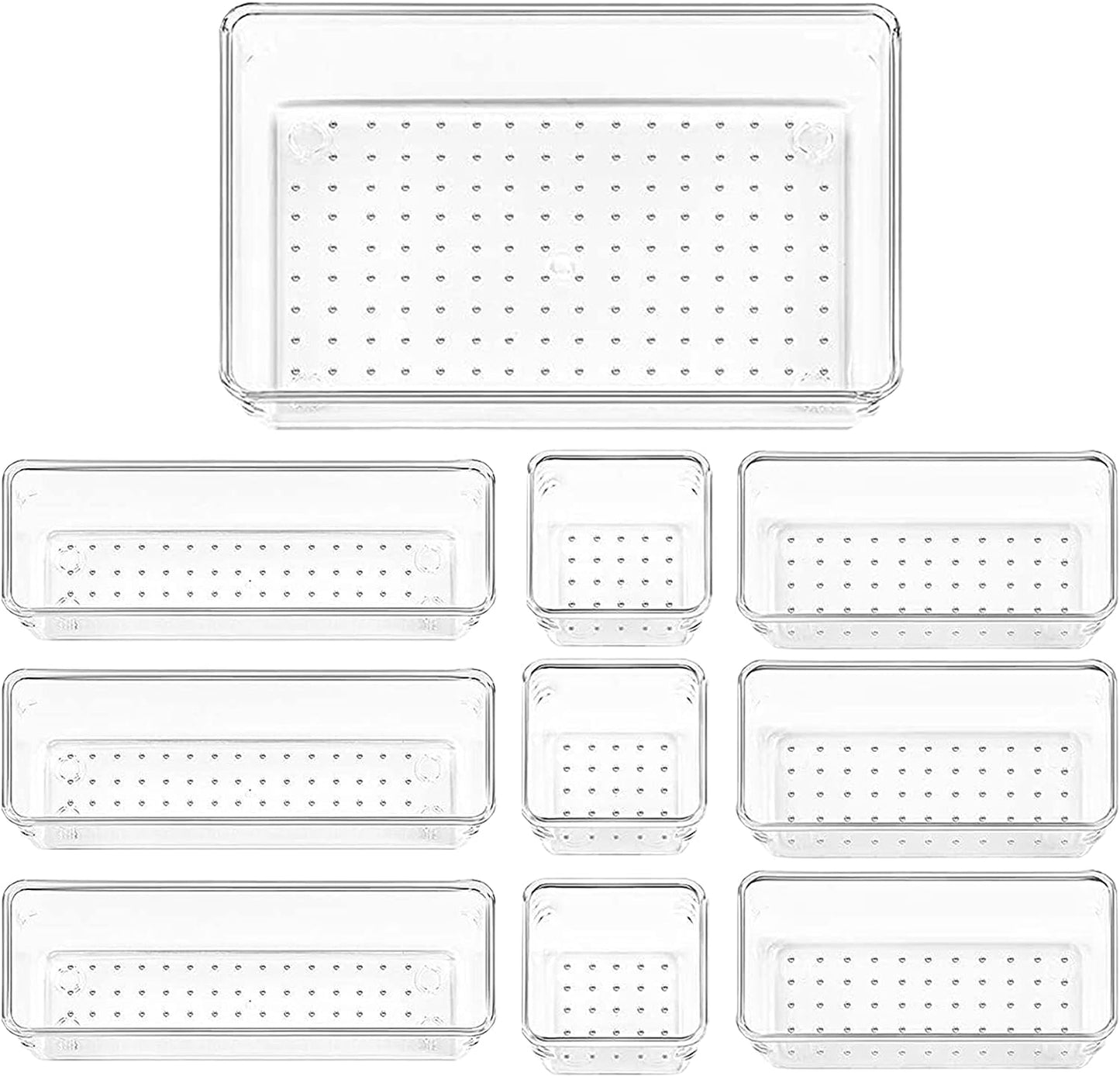 STORESLA™ 10-Piece Multi-Sized Non-Slip Drawer Organizer Trays, Clear Plastic, Ideal for Desk, Dresser, Kitchen & Bathroom, Store Makeup, Kitchen Utensils, Jewelry & More